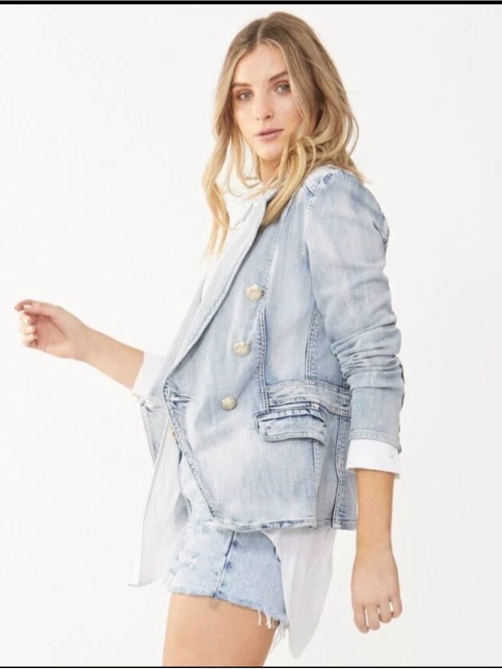 Acid Wash Denim Blazer Shoulder Pads Military Crest Button L Spanish Import